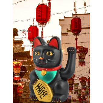 Chinees beeldje zwaaiende kat - geluksbrenger Chinese kat  zwart